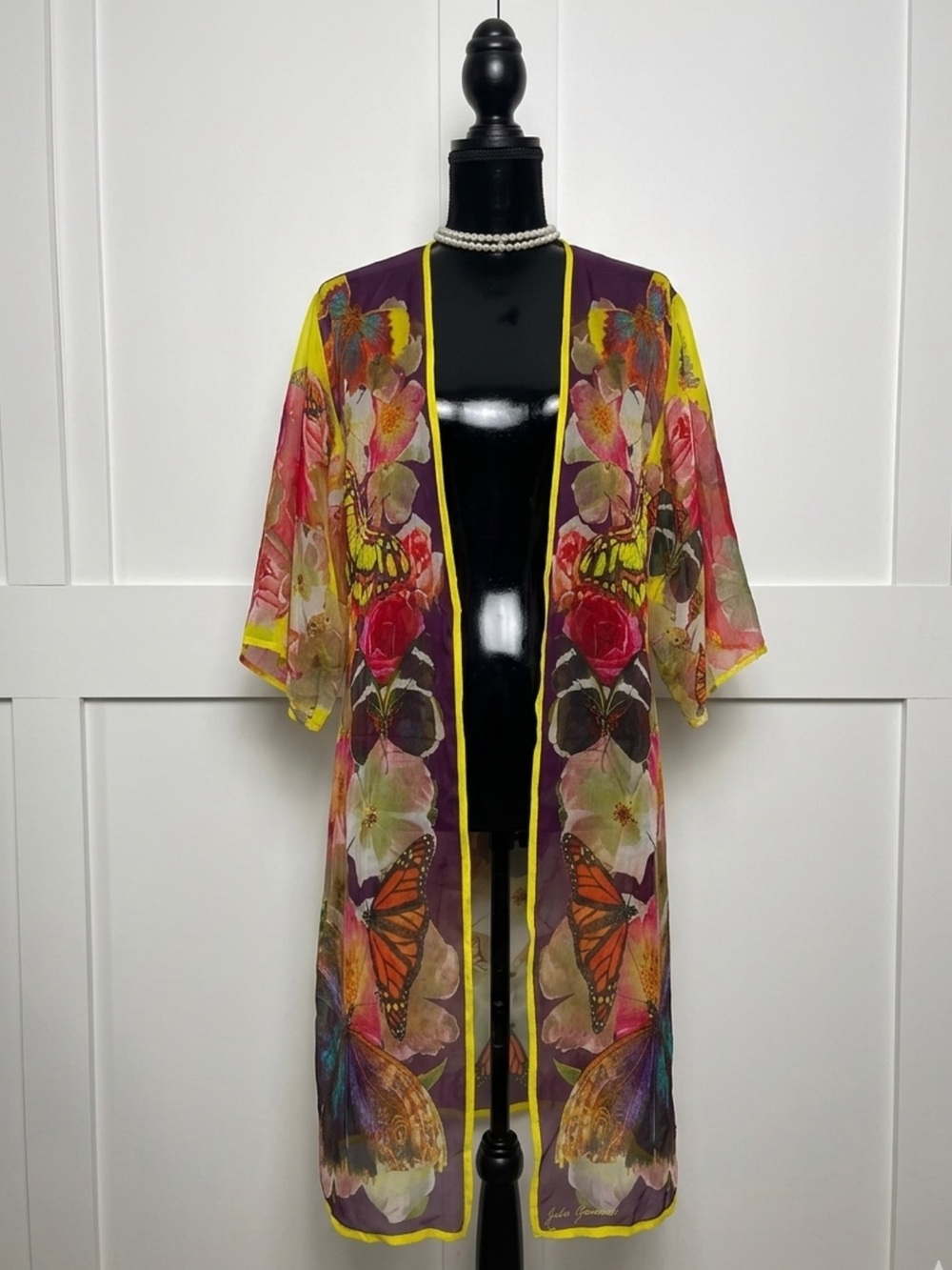 NWOT OBSCURA x Julie Gardner Floral Butterfly Bird Silk Kimono Jacket Coverup OS